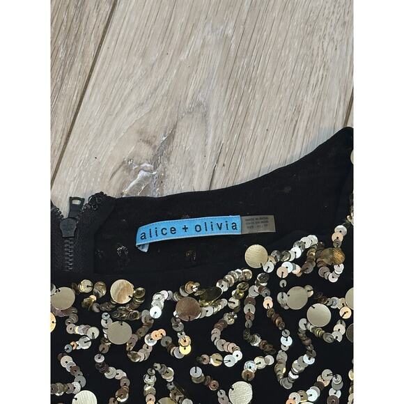 Alice + Olivia Pixie Gold Sequined Black Silk Top Zip Back XS - Picture 8 of 11